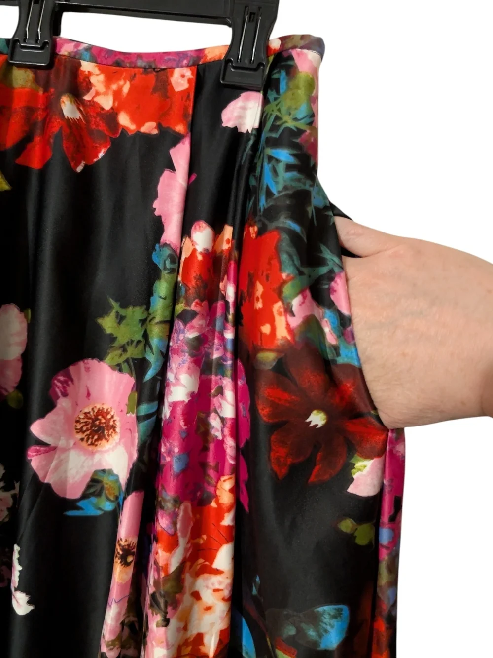 Blondie Nites Black Floral Maxi Skirt with Red & Pink Blooms W/ Pockets